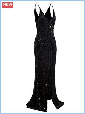 Sequin Mermaid Prom Dress Long Slit Deep V Neck Evening Gown
